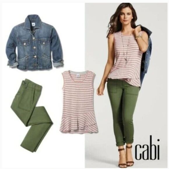 CAbi Grey Orange Stripe Peplum Ruffle Tank Top #5331 Sleeveless Summer Tee Small - Picture 2 of 7